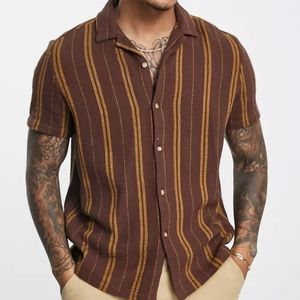 ASOS Design relaxed fit camp collar textured shirt in brown